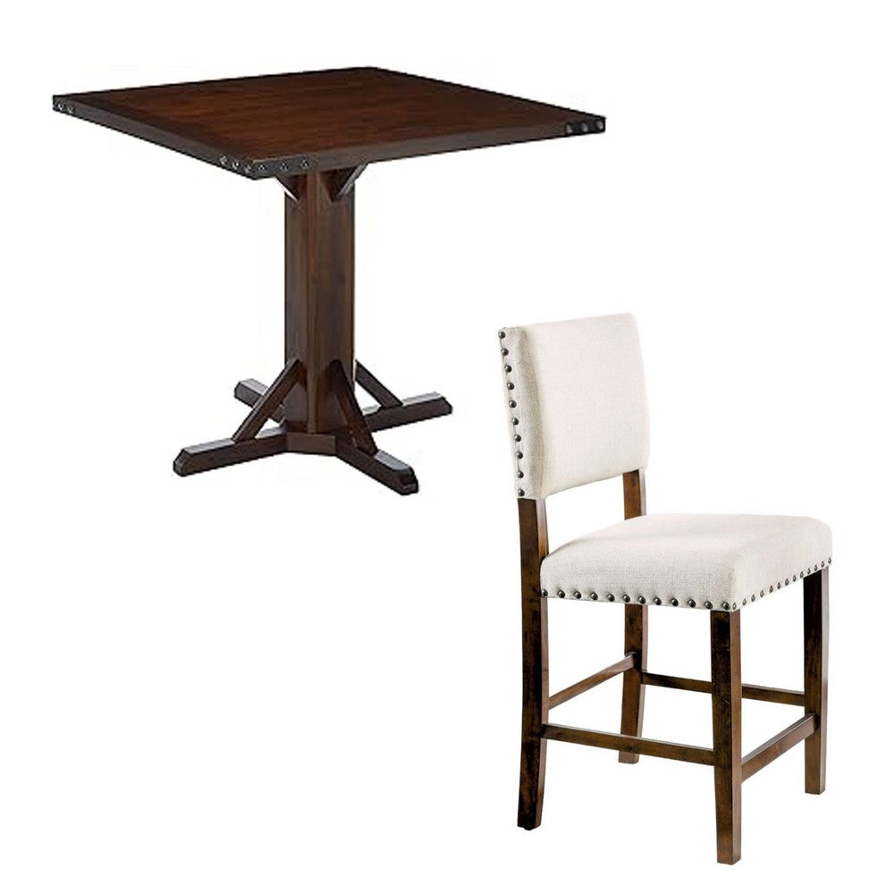 Gllen 5pc Counter Height Table Set, 4 Chair, Cherry Wood, Ivory Fabric - BM330379
