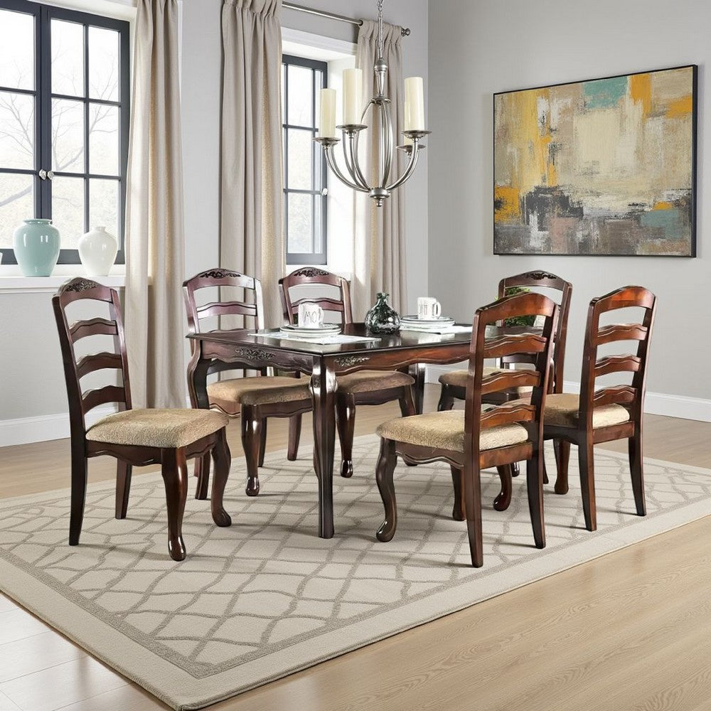 Viny 7pc Dining Table Set with 6 Fabric Chairs, Dark Walnut Solid Wood - BM330392