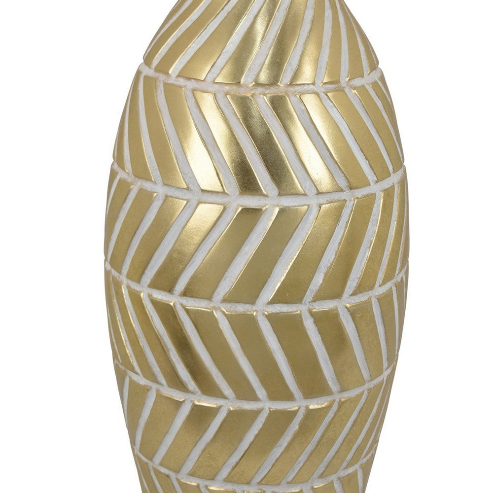 Accent Vase, Gold Resin Urn Shape, Lined Pattern in White, 28 Inch -BM330949