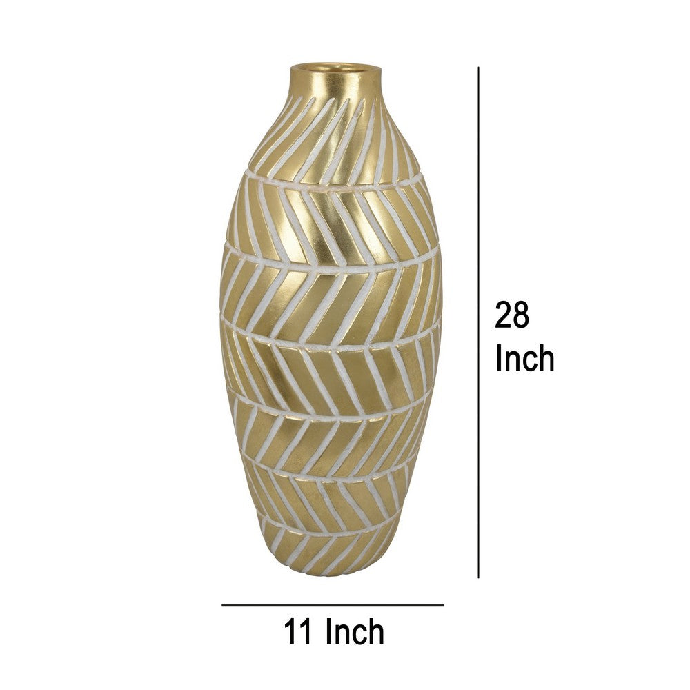 Accent Vase, Gold Resin Urn Shape, Lined Pattern in White, 28 Inch -BM330949