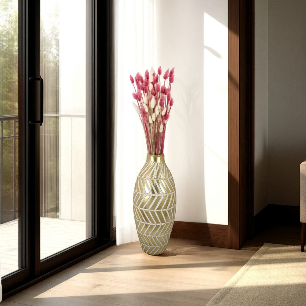 Accent Vase, Gold Resin Urn Shape, Lined Pattern in White, 28 Inch -BM330949