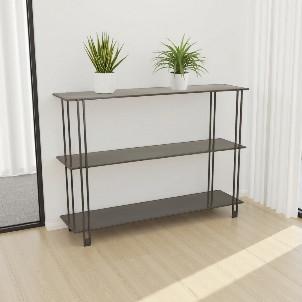 Bush Plant Display Stand, Modern 3 Tier Gray Metal Finish, 32 Inch -BM330956