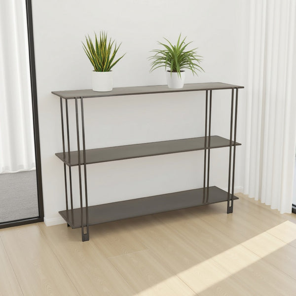 Bush Plant Display Stand, Modern 3 Tier Gray Metal Finish, 32 Inch -BM330956