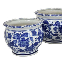 3pc Modern Planter, Japanese Inspired Art Design, Blue White Ceramic -BM330962