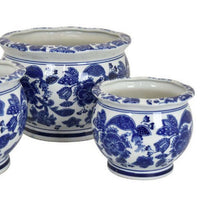3pc Modern Planter, Japanese Inspired Art Design, Blue White Ceramic -BM330962