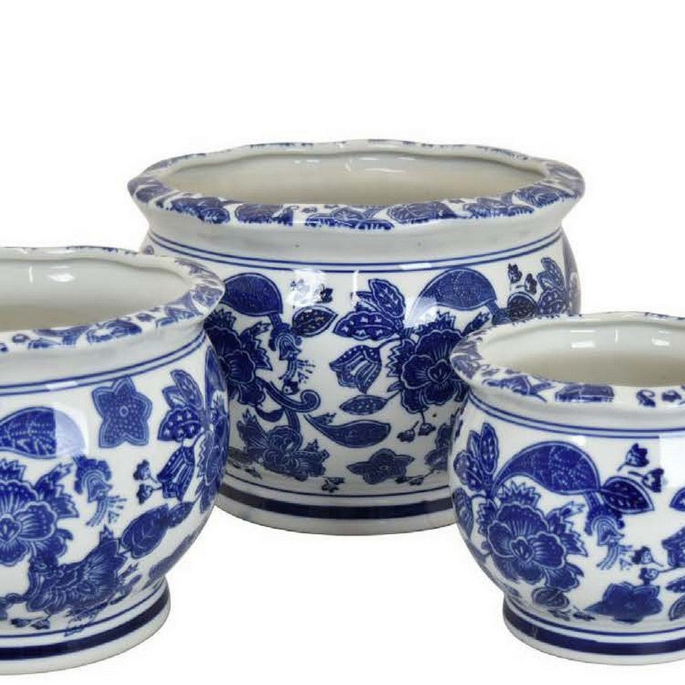 3pc Modern Planter, Japanese Inspired Art Design, Blue White Ceramic -BM330962