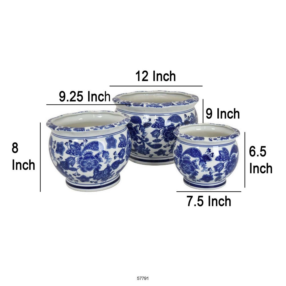 3pc Modern Planter, Japanese Inspired Art Design, Blue White Ceramic -BM330962