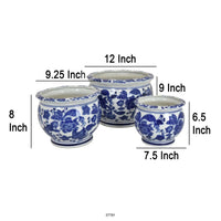 3pc Modern Planter, Japanese Inspired Art Design, Blue White Ceramic -BM330962