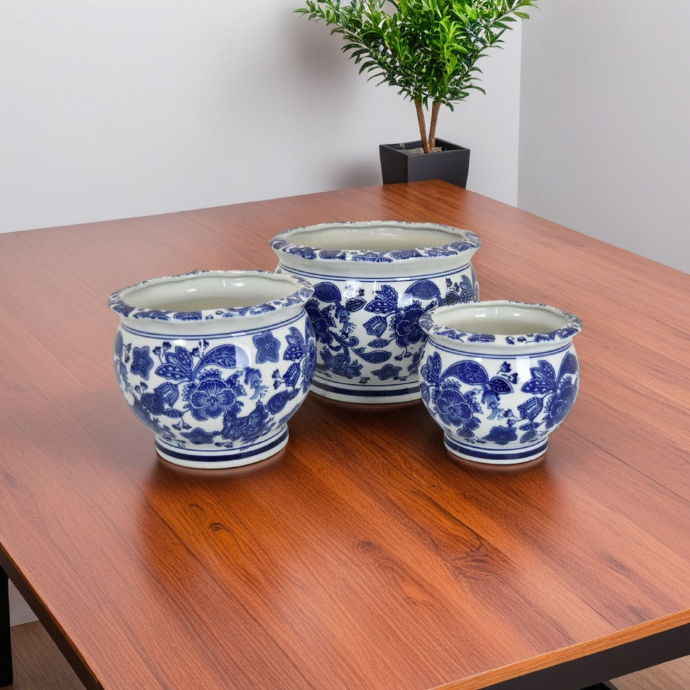 3pc Modern Planter, Japanese Inspired Art Design, Blue White Ceramic -BM330962