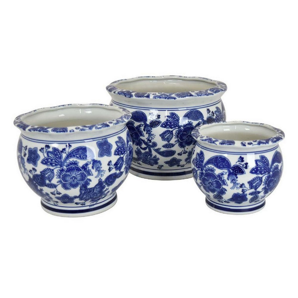 3pc Modern Planter, Japanese Inspired Art Design, Blue White Ceramic -BM330962