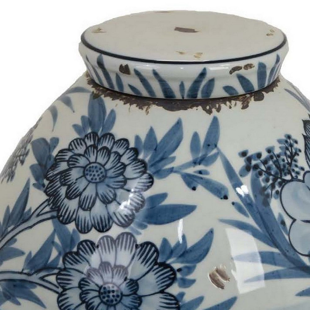 Accent Ginger Jar with Lid, Blue and White Ceramic, Floral Pattern -BM330965
