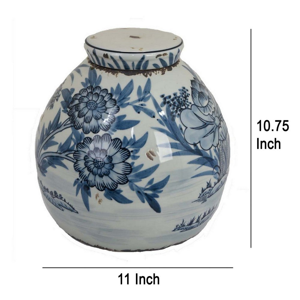 Accent Ginger Jar with Lid, Blue and White Ceramic, Floral Pattern -BM330965