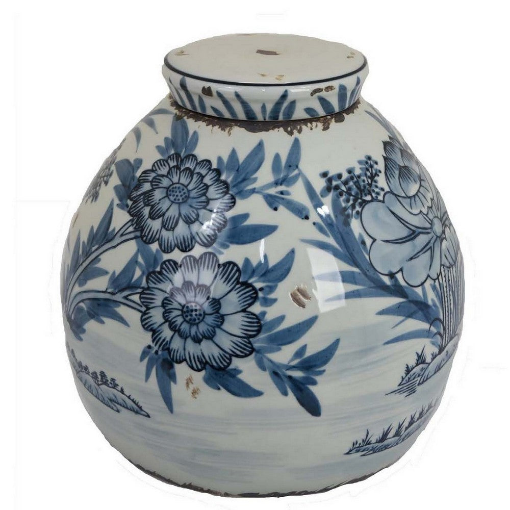 Accent Ginger Jar with Lid, Blue and White Ceramic, Floral Pattern -BM330965