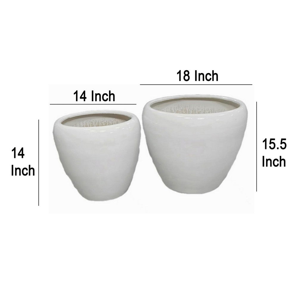 Garden Planter Set of 2, Modern Bowl Shaped Flower Pot, White Ceramic -BM330967