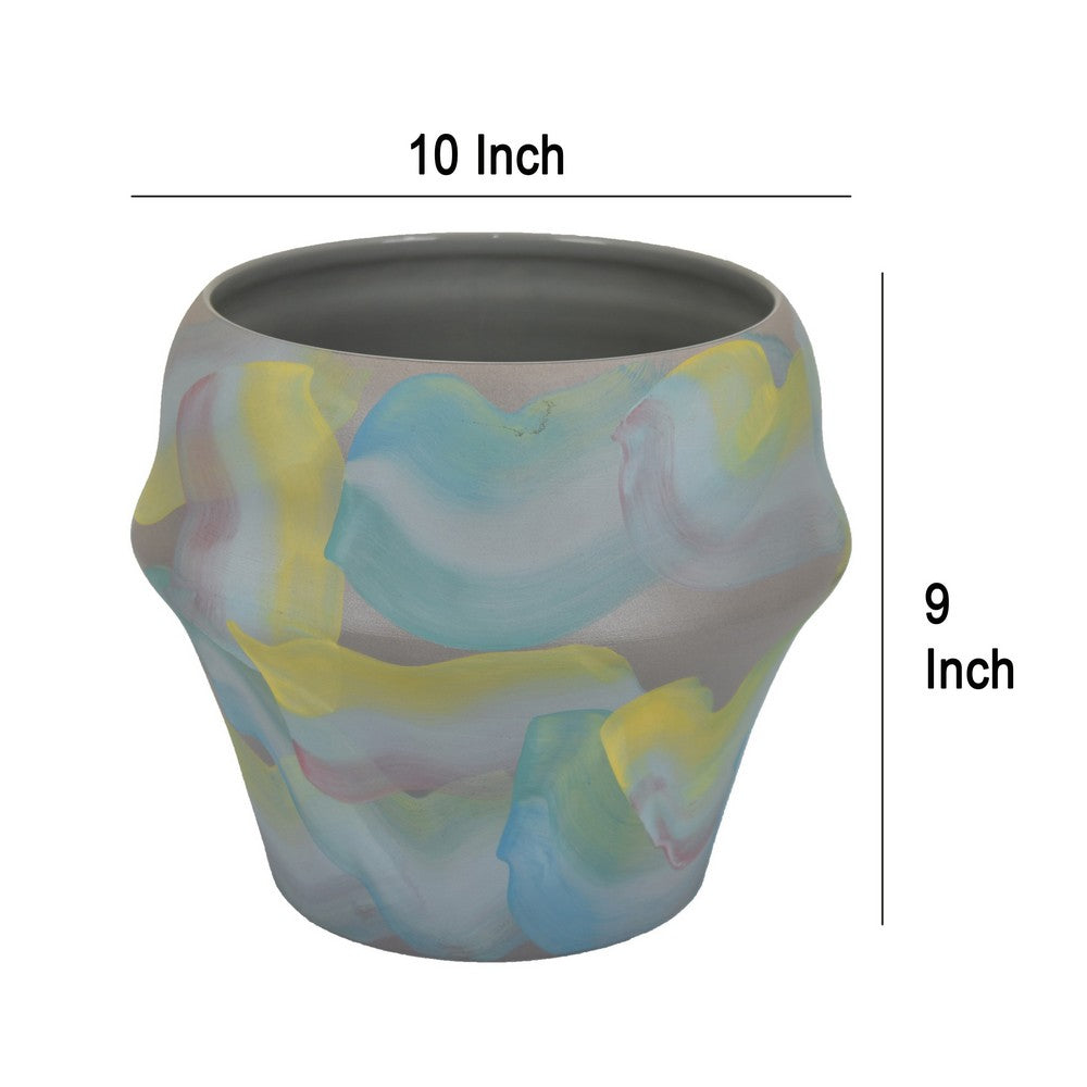 Accent Flower Vase, Brushstroke Pattern Blue Yellow Ceramic, 10 Inch -BM330969