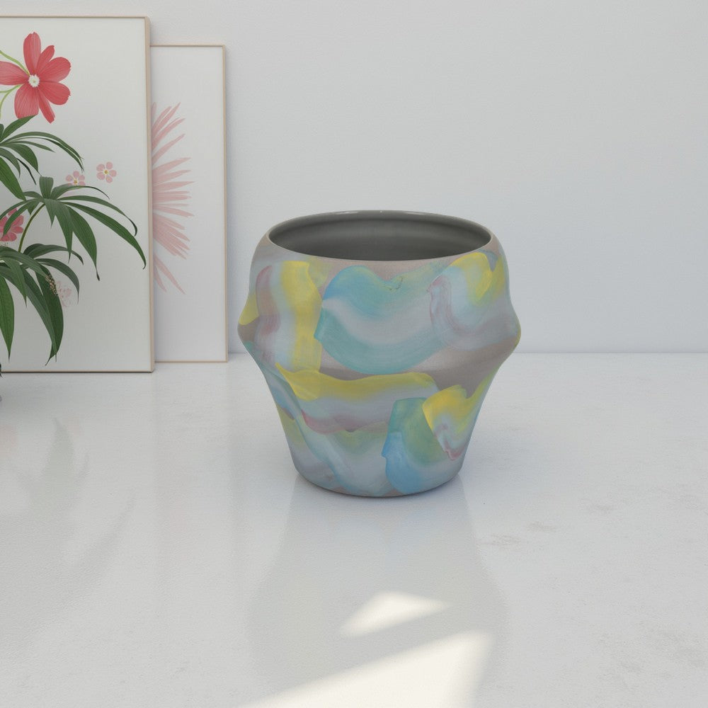 Accent Flower Vase, Brushstroke Pattern Blue Yellow Ceramic, 10 Inch -BM330969