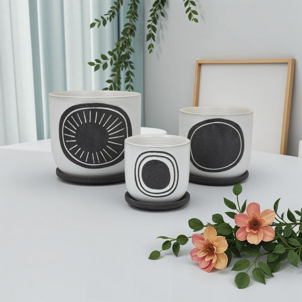 Meon 3pc Garden Planter Set, Textured White and Black Ceramic Design -BM330976