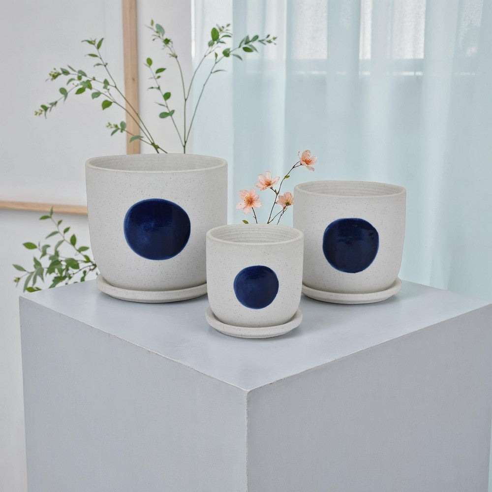 Meon 3pc Garden Planter Set, Textured White and Blue Ceramic Design -BM330977