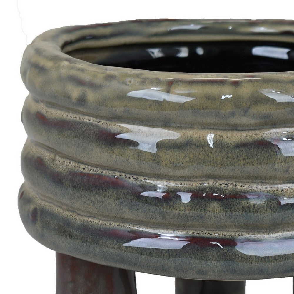 Garden Planter, Decorative Turned Style Glossy Gray Ceramic, 10 Inch -BM330978