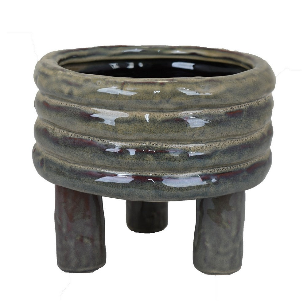 Garden Planter, Decorative Turned Style Glossy Gray Ceramic, 10 Inch -BM330978