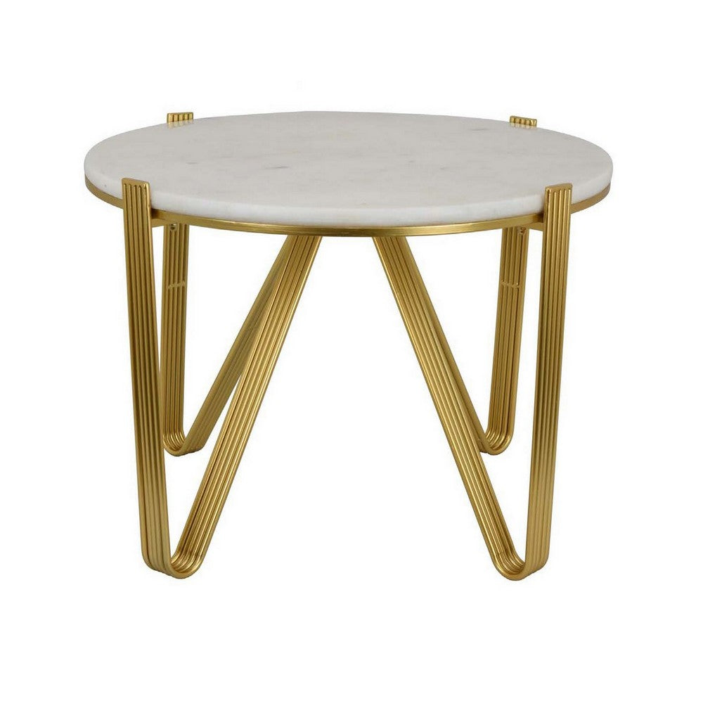 Glam Plant Stand Table, White Marble, Gold Metal Texture Legs, 25 Inch -BM331000