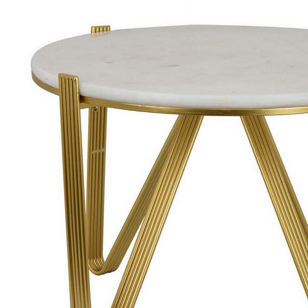 Glam Plant Stand Table, White Marble, Gold Metal Texture Legs, 25 Inch -BM331000