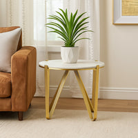 Glam Plant Stand Table, White Marble, Gold Metal Texture Legs, 25 Inch -BM331000