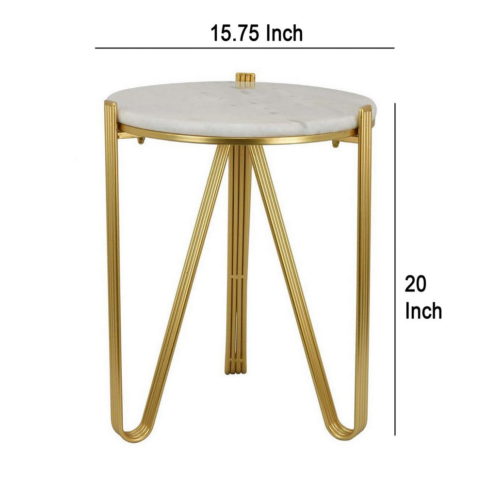 Glam Plant Stand Table, White Marble, Gold Metal Texture Legs, 20 Inch -BM331001
