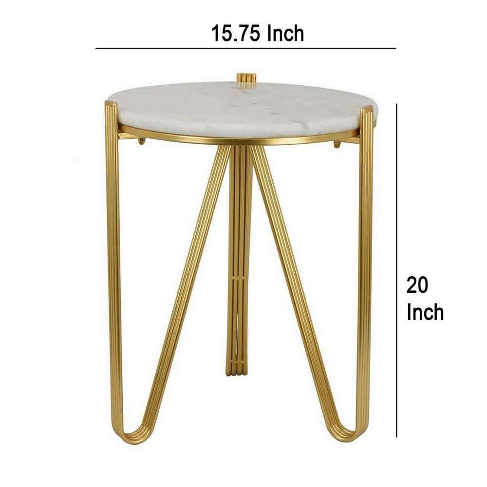 Glam Plant Stand Table, White Marble, Gold Metal Texture Legs, 20 Inch -BM331001