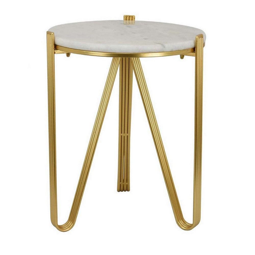 Glam Plant Stand Table, White Marble, Gold Metal Texture Legs, 20 Inch -BM331001