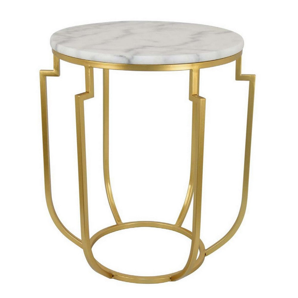 Benzara Jax Plant Stand Table, White Marble, Gold Metal Open Frame, 22 Inch  -| BM331003 Benzara.com