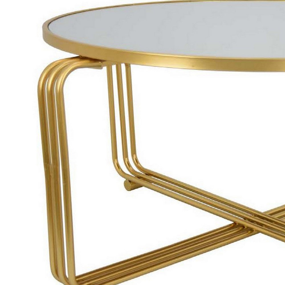 Plant Stand Coffee Table, 37 Inch Round Mirror Top, Modern Gold Metal -BM331004