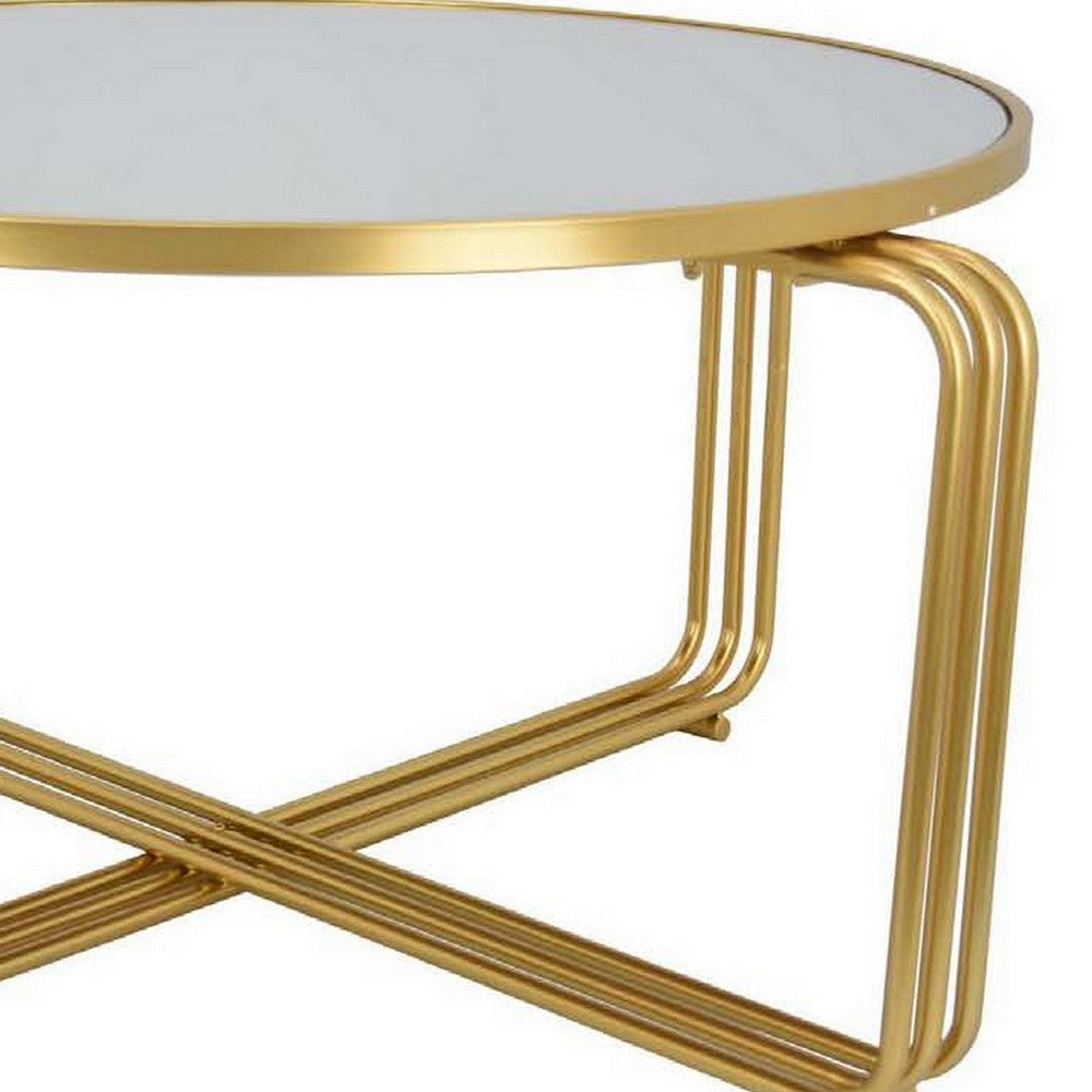 Plant Stand Coffee Table, 37 Inch Round Mirror Top, Modern Gold Metal -BM331004