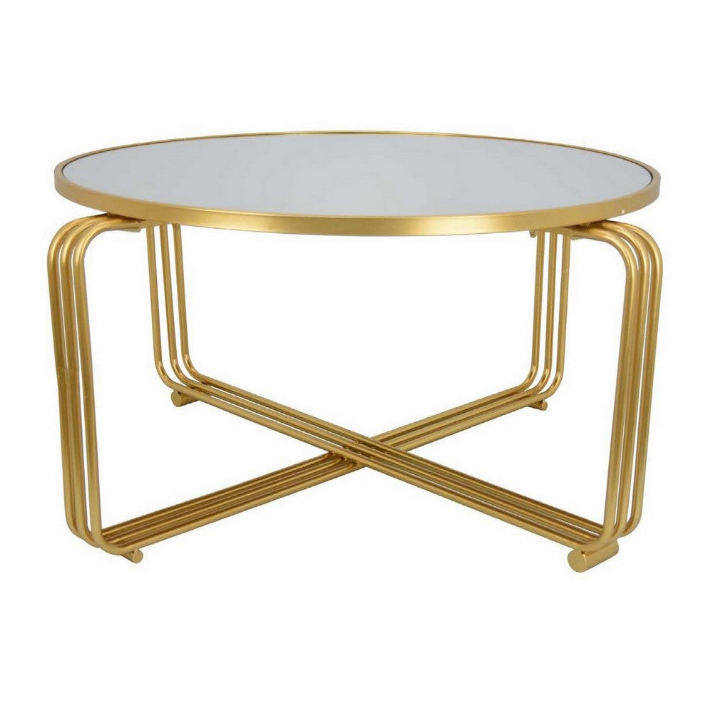 Plant Stand Coffee Table, 37 Inch Round Mirror Top, Modern Gold Metal -BM331004