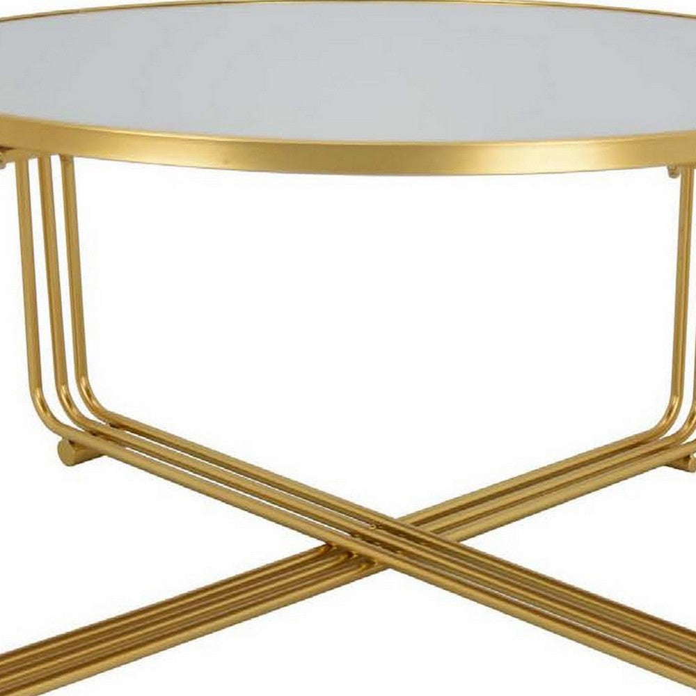 Plant Stand Coffee Table, 37 Inch Round Mirror Top, Modern Gold Metal -BM331004