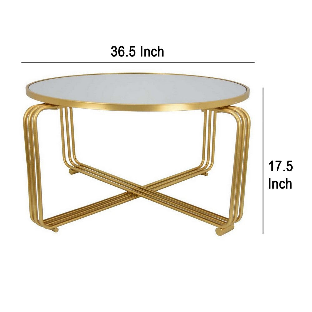 Plant Stand Coffee Table, 37 Inch Round Mirror Top, Modern Gold Metal -BM331004