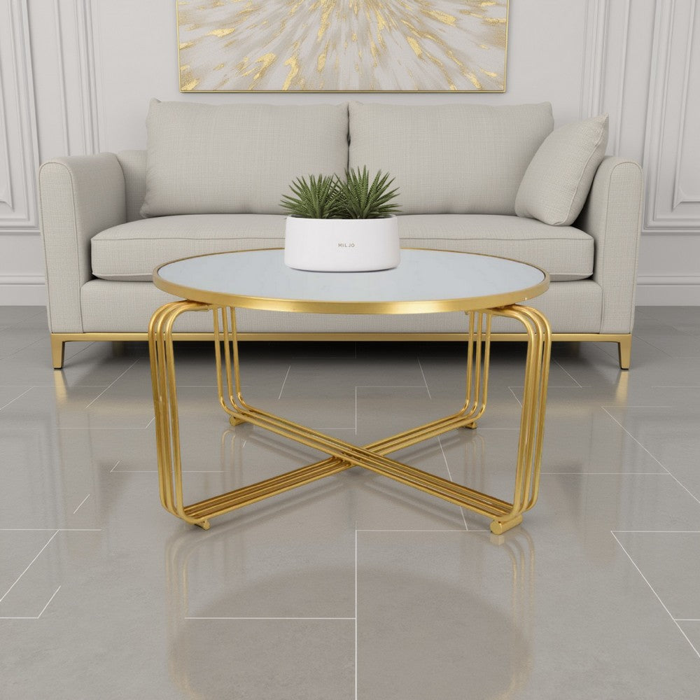 Plant Stand Coffee Table, 37 Inch Round Mirror Top, Modern Gold Metal -BM331004