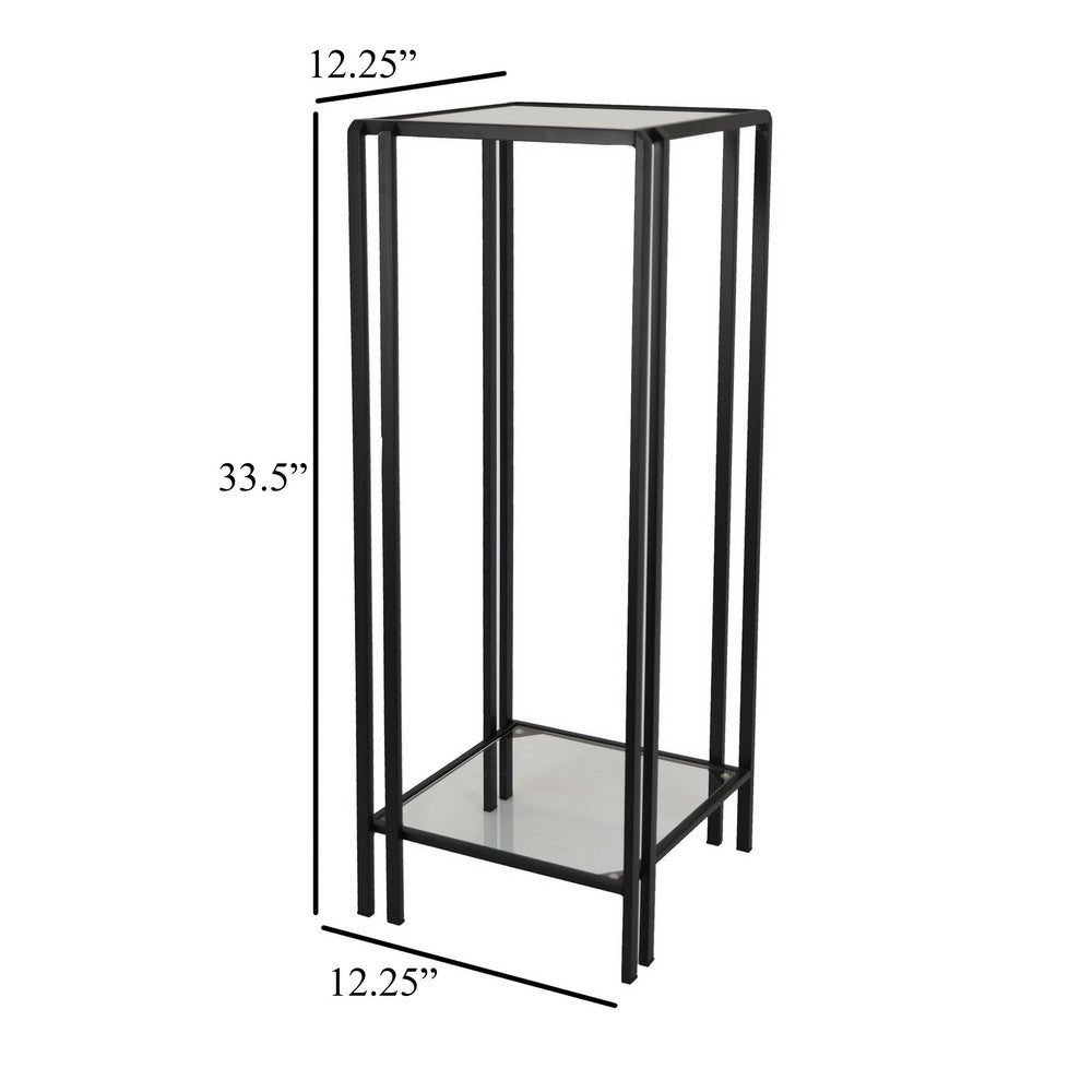 Buckley Plant Stand Table, Black Metal, Square Mirrored Top, 34 Inch -BM331011