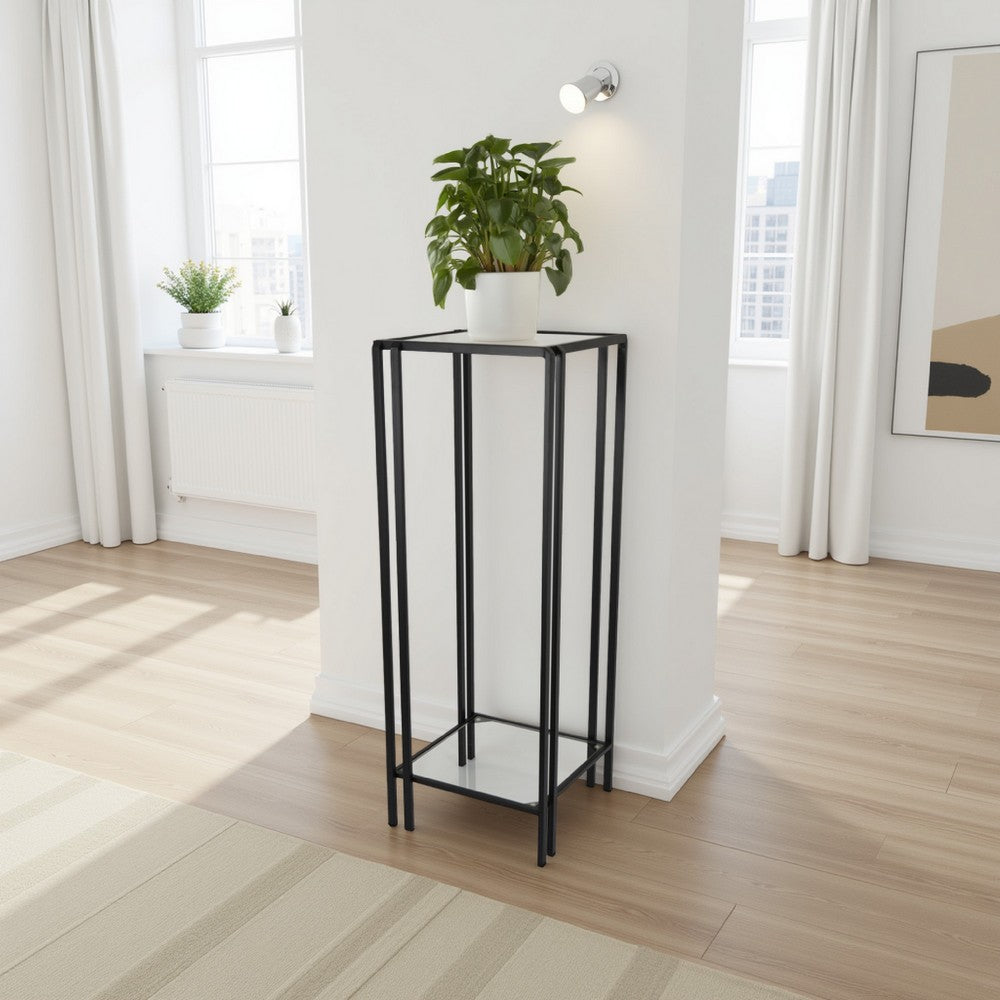 Buckley Plant Stand Table, Black Metal, Square Mirrored Top, 34 Inch -BM331011