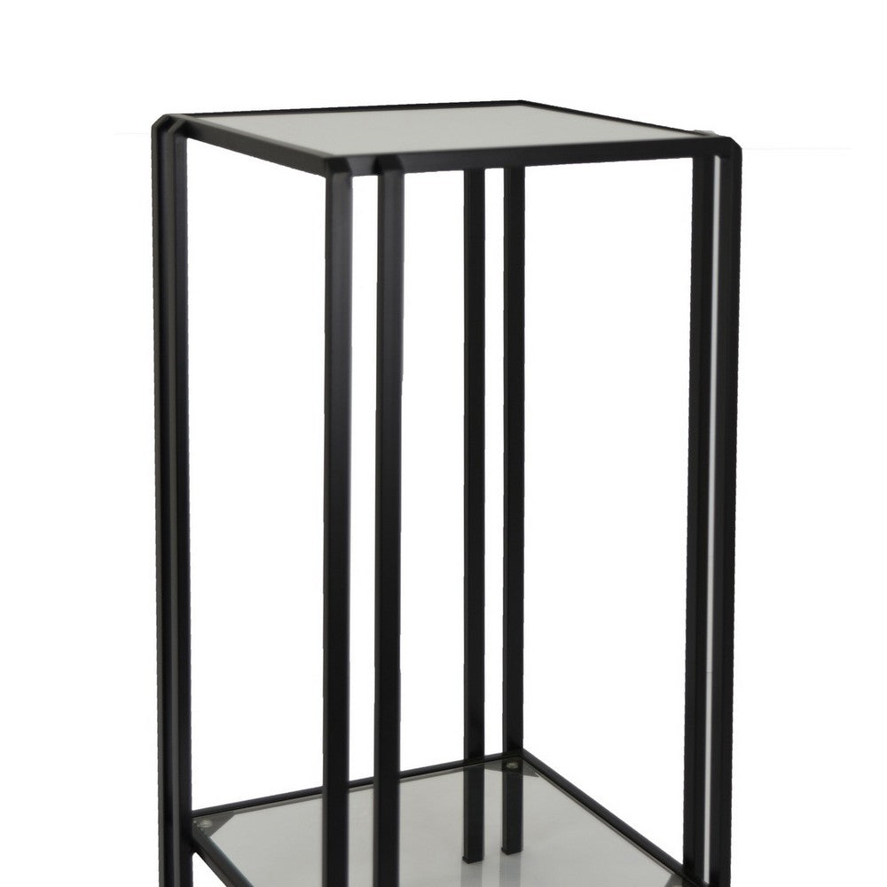 Buckley Plant Stand Table, Black Metal, Square Mirrored Top, 28 Inch -BM331012