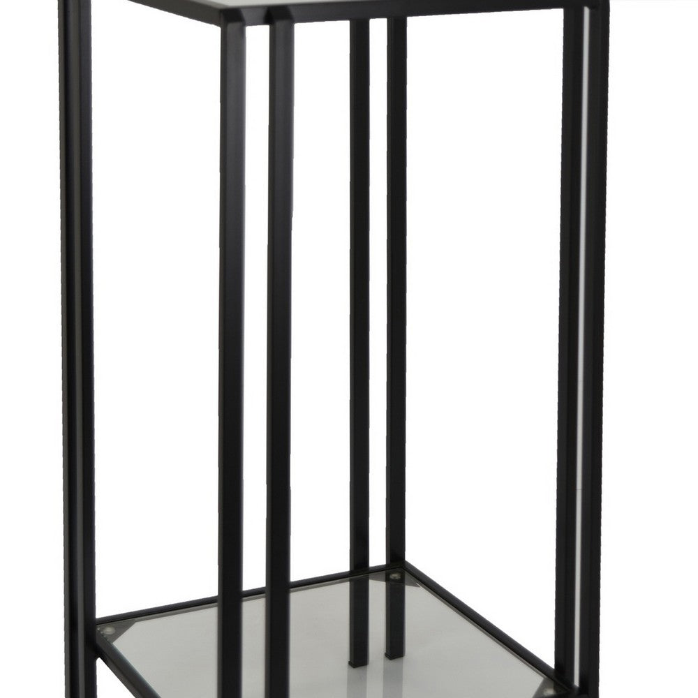 Buckley Plant Stand Table, Black Metal, Square Mirrored Top, 28 Inch -BM331012