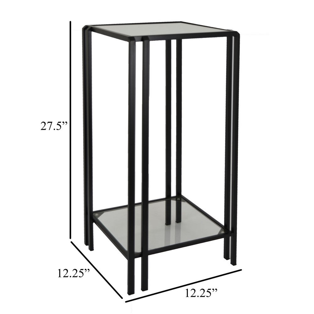Buckley Plant Stand Table, Black Metal, Square Mirrored Top, 28 Inch -BM331012