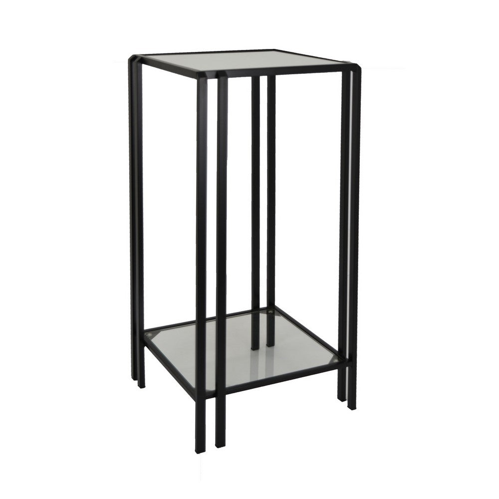 Buckley Plant Stand Table, Black Metal, Square Mirrored Top, 28 Inch -BM331012