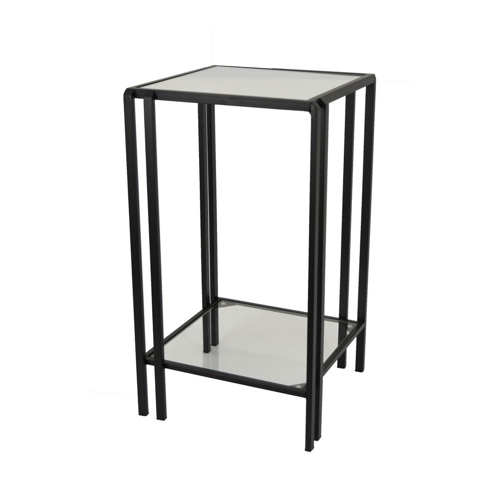 Buckley Plant Stand Table, Black Metal, Square Mirrored Top, 22 Inch -BM331013