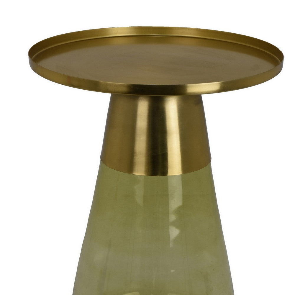 Palio Plant Stand Accent Table, Round Gold Metal, Green Glass Tapered -BM331019
