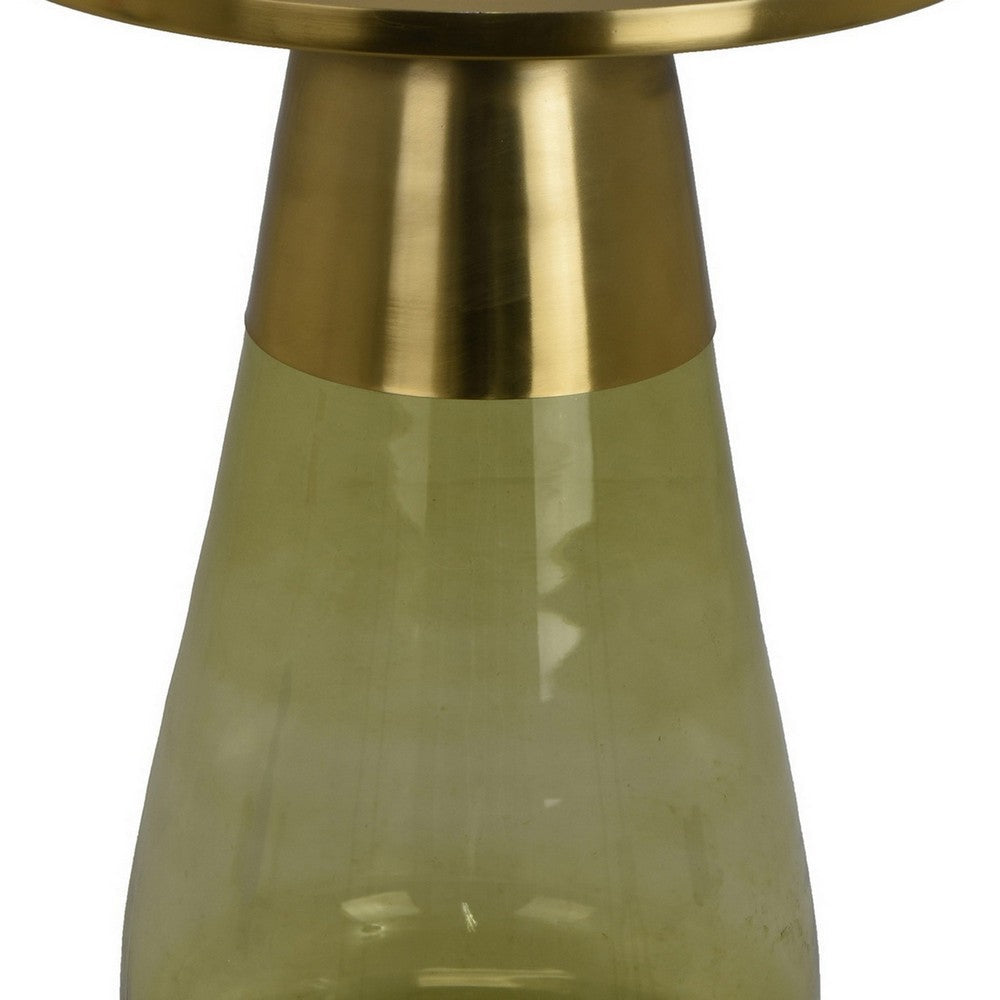 Palio Plant Stand Accent Table, Round Gold Metal, Green Glass Tapered -BM331019