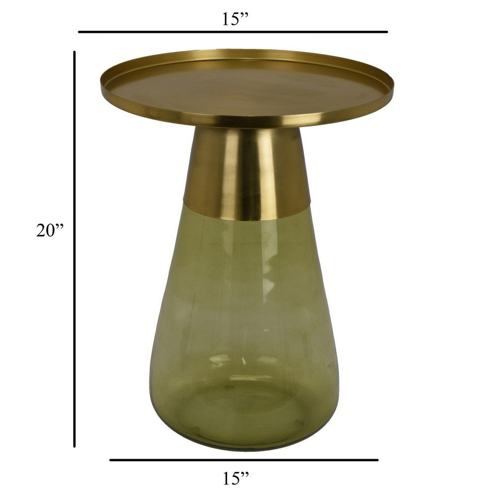 Palio Plant Stand Accent Table, Round Gold Metal, Green Glass Tapered -BM331019
