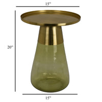 Palio Plant Stand Accent Table, Round Gold Metal, Green Glass Tapered -BM331019