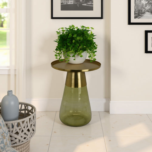 Palio Plant Stand Accent Table, Round Gold Metal, Green Glass Tapered -BM331019