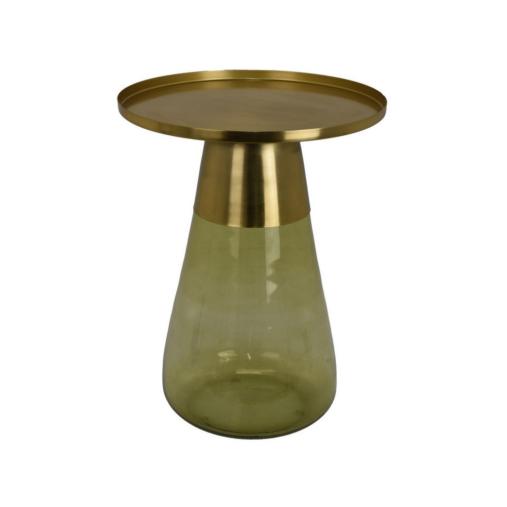 Palio Plant Stand Accent Table, Round Gold Metal, Green Glass Tapered -BM331019